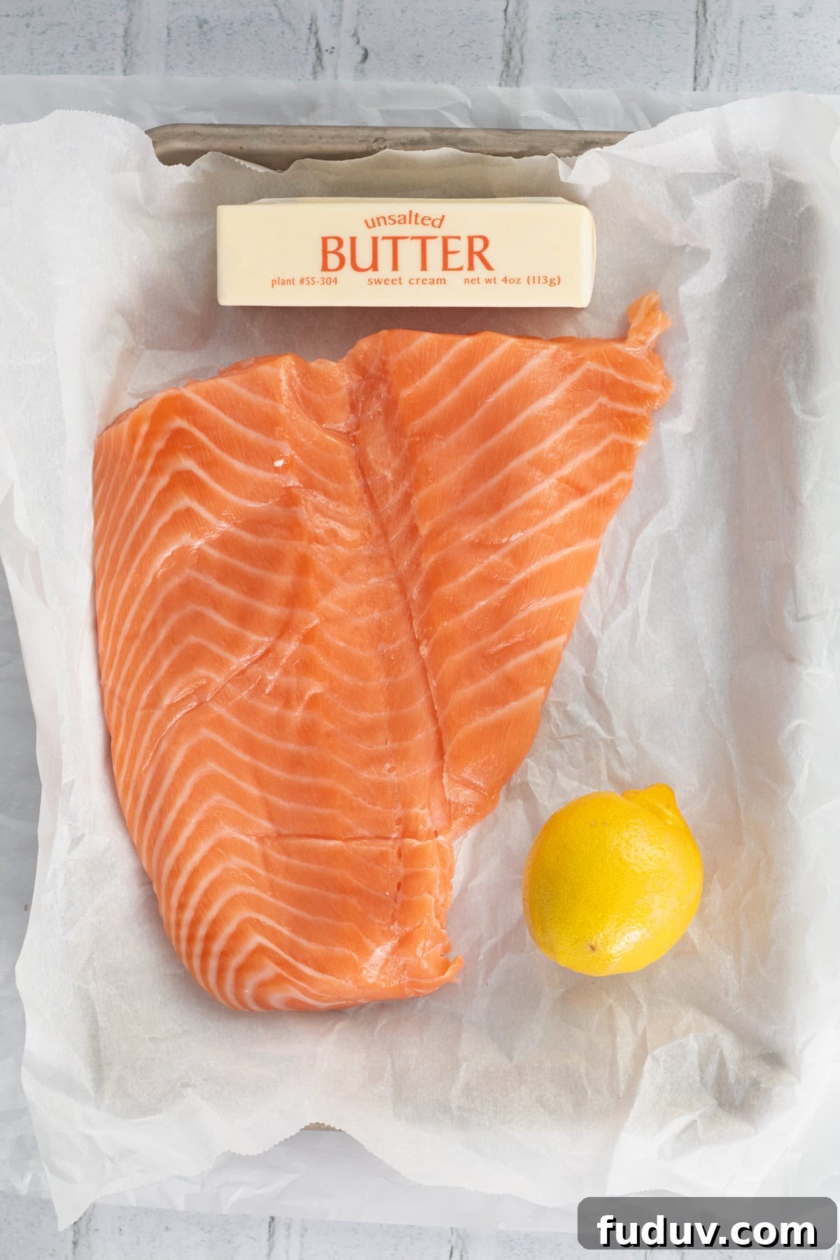 ingredients for baked lemon butter salmon.