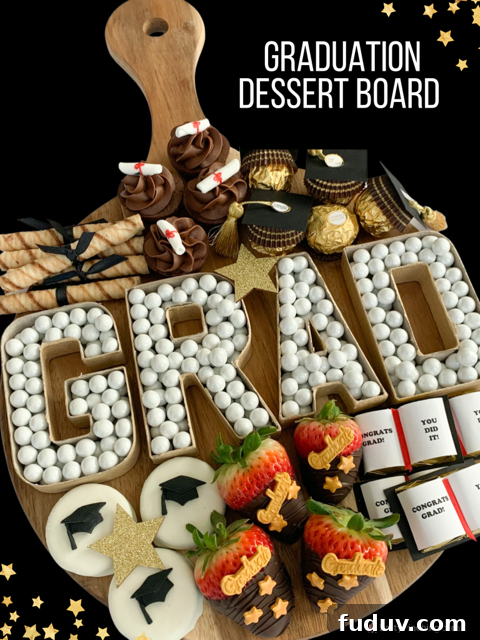 Graduation Dessert Board Ideas for Party-Worthy Celebration Treats 2 graduation dessert board, graduation charcuterie board, best graduation snack board ideas, best grad party ideas, best graduation open house party ideas, easy graduation food dessert snack appetizer recipes, best graduation decor ideas, graduation cap ferrero rocher, grad paper mache cardboard letter number candy dish, graduation cap oreos, graduation book yearbook hersheys nugget candy, graduation diploma cookies, graduation diploma brownies cupcakes, graduation dipped strawberries, fondant graduation decorations, best unique creative graduation gift idea