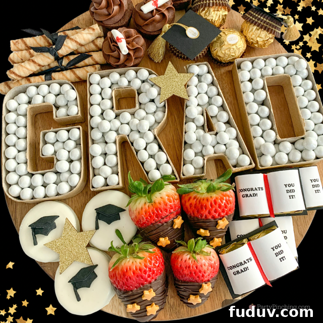 Graduation Dessert Board Ideas for Party-Worthy Celebration Treats 13 graduation dessert board, graduation charcuterie board, best graduation snack board ideas, best grad party ideas, best graduation open house party ideas, easy graduation food dessert snack appetizer recipes, best graduation decor ideas, graduation cap ferrero rocher, grad paper mache cardboard letter number candy dish, graduation cap oreos, graduation book yearbook hersheys nugget candy, graduation diploma cookies, graduation diploma brownies cupcakes, graduation dipped strawberries, fondant graduation decorations