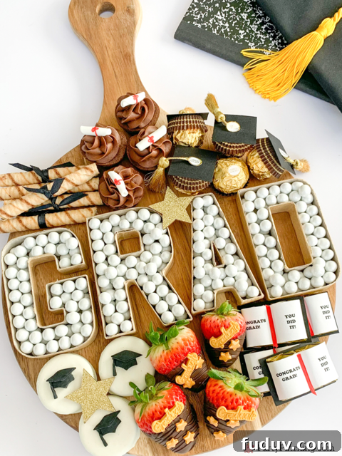 Graduation Dessert Board Ideas for Party-Worthy Celebration Treats 3 graduation dessert board, graduation charcuterie board, best graduation snack board ideas, best grad party ideas, best graduation open house party ideas, easy graduation food dessert snack appetizer recipes, best graduation decor ideas, graduation cap ferrero rocher, grad paper mache cardboard letter number candy dish, graduation cap oreos, graduation book yearbook hersheys nugget candy, graduation diploma cookies, graduation diploma brownies cupcakes, graduation dipped strawberries, fondant graduation decorations