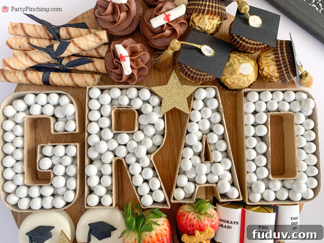 Graduation Dessert Board Ideas for Party-Worthy Celebration Treats 14 graduation dessert board, graduation charcuterie board, best graduation snack board ideas, best grad party ideas, best graduation open house party ideas, easy graduation food dessert snack appetizer recipes, best graduation decor ideas, graduation cap ferrero rocher, grad paper mache cardboard letter number candy dish, graduation cap oreos, graduation book yearbook hersheys nugget candy, graduation diploma cookies, graduation diploma brownies cupcakes, graduation dipped strawberries, fondant graduation decorations