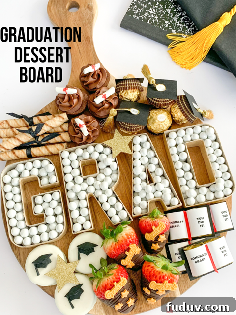 Graduation Dessert Board Ideas for Party-Worthy Celebration Treats 20 graduation dessert board, graduation charcuterie board, best graduation snack board ideas, best grad party ideas, best graduation open house party ideas, easy graduation food dessert snack appetizer recipes, best graduation decor ideas, graduation cap ferrero rocher, grad paper mache cardboard letter number candy dish, graduation cap oreos, graduation book yearbook hersheys nugget candy, graduation diploma cookies, graduation diploma brownies cupcakes, graduation dipped strawberries, fondant graduation decorations