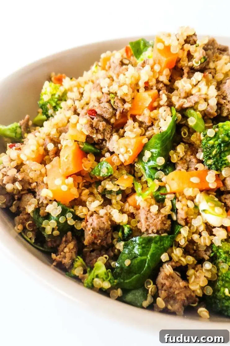 Beef and Broccoli Quinoa Fried Rice! Healthy easy ground beef dinner idea that you can probably even meal prep!