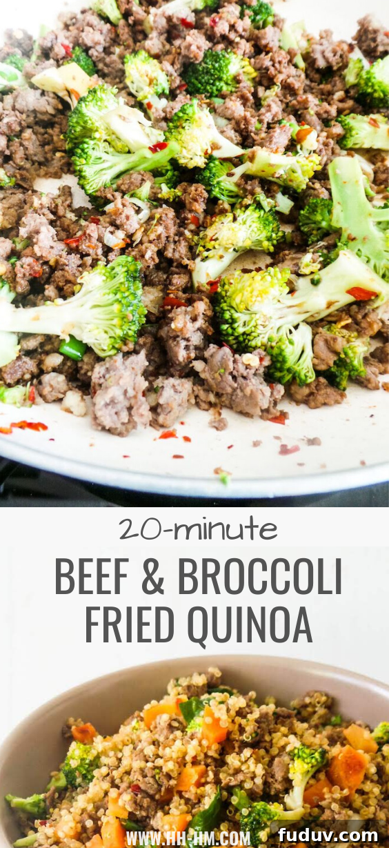 20-Minute healthy ground beef recipe! This easy ground beef and broccoli fried quinoa sounds quite weird, but it’s delicious, nutritious and great for a quick weeknight dinner when you don’t know what to make with the ground beef you bought. #groundbeef #recipe #healthy #easy #easydinner #healthydinner #dinner