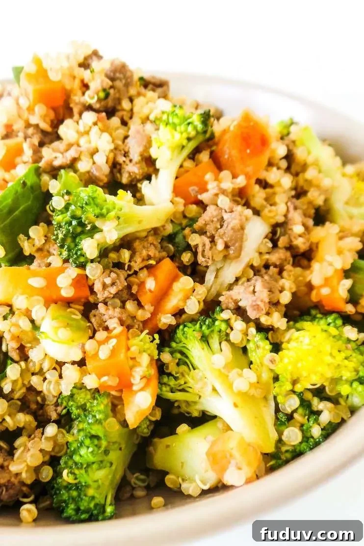 Beef and Broccoli Quinoa Fried Rice! Healthy easy ground beef dinner idea that you can probably even meal prep!