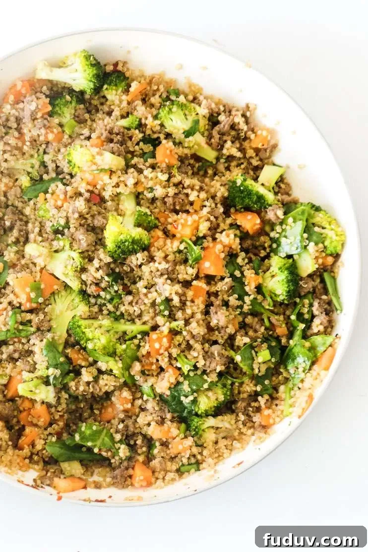 Beef and Broccoli Quinoa Fried Rice! Healthy easy ground beef dinner idea that you can probably even meal prep!