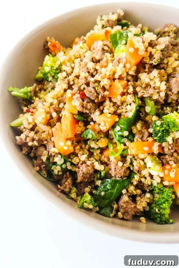 Beef and Broccoli Quinoa Fried Rice! Healthy easy ground beef dinner idea that you can probably even meal prep!