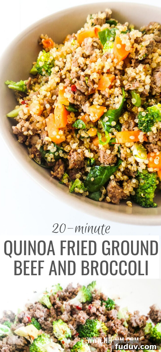 20-Minute healthy ground beef recipe! This easy ground beef and broccoli fried quinoa sounds quite weird, but it’s delicious, nutritious and great for a quick weeknight dinner when you don’t know what to make with the ground beef you bought. #groundbeef #recipe #healthy #easy #easydinner #healthydinner #dinner