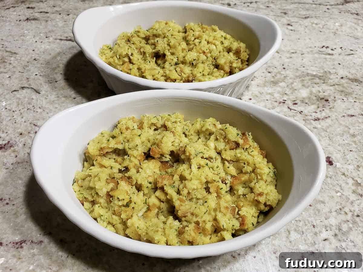 stuffing in two casserole baking dishes.