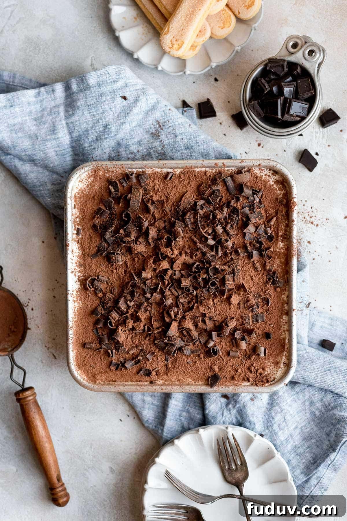 overhead whole pan finished classic tiramisu recipe