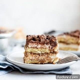 slice of tiramisu on plate showing layers