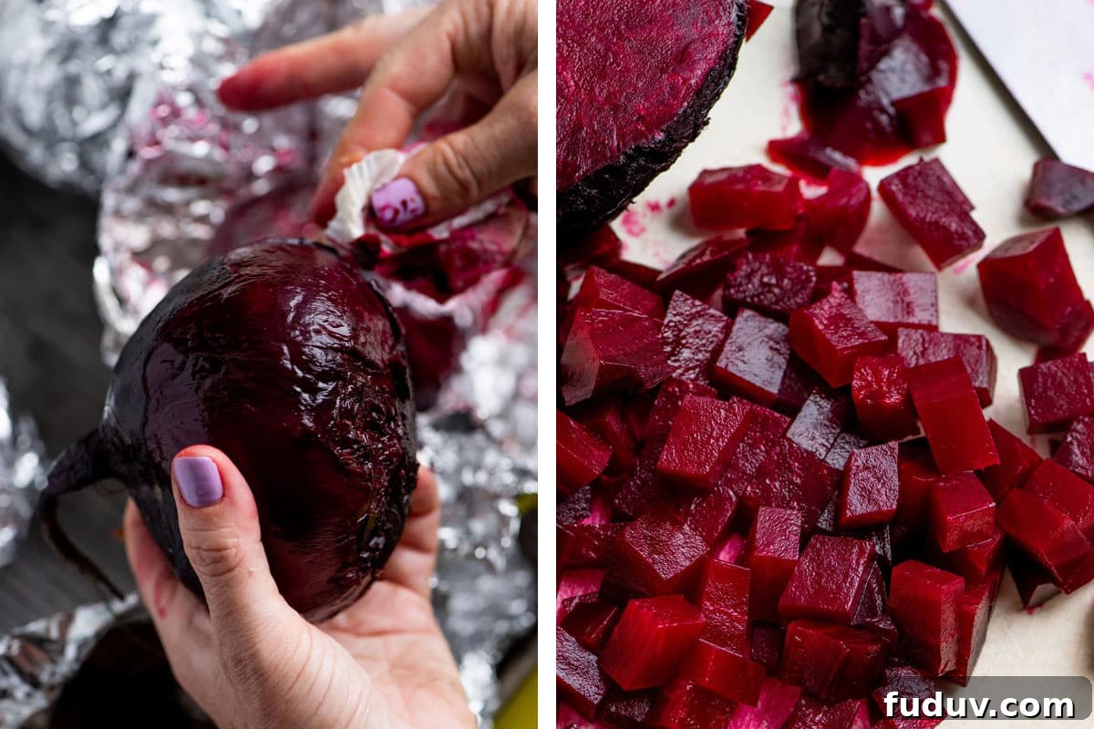 Peeling and dicing cooked red beets.