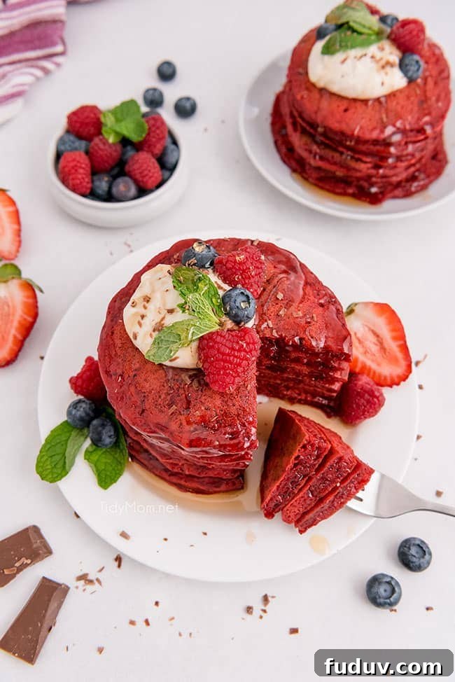 Red Velvet Pancakes Recipe with Video Tutorial 2 A stack of red velvet pancakes with the first bite on a fork