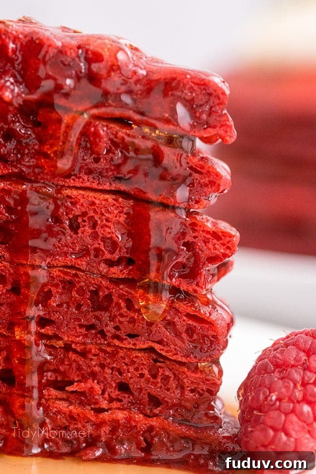 Red Velvet Pancakes Recipe with Video Tutorial 5 a stack of six red velvet pancakes