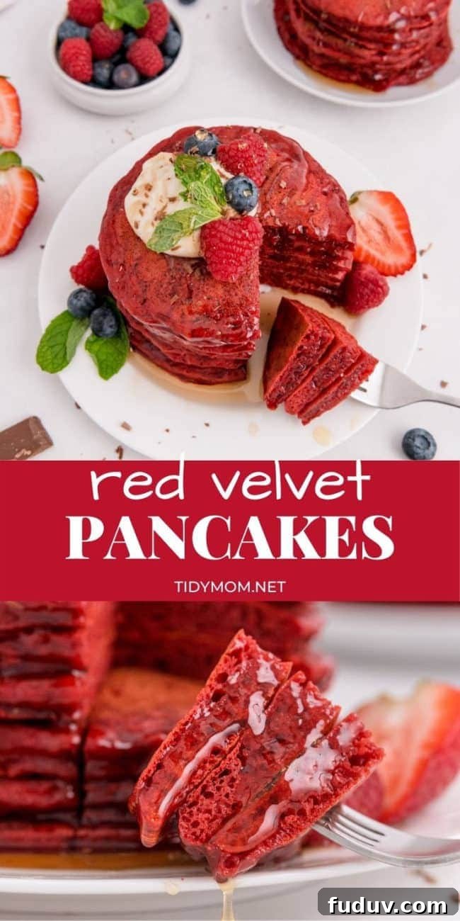 Red Velvet Pancakes Recipe with Video Tutorial 10 red velvet pancakes with a bit cut out