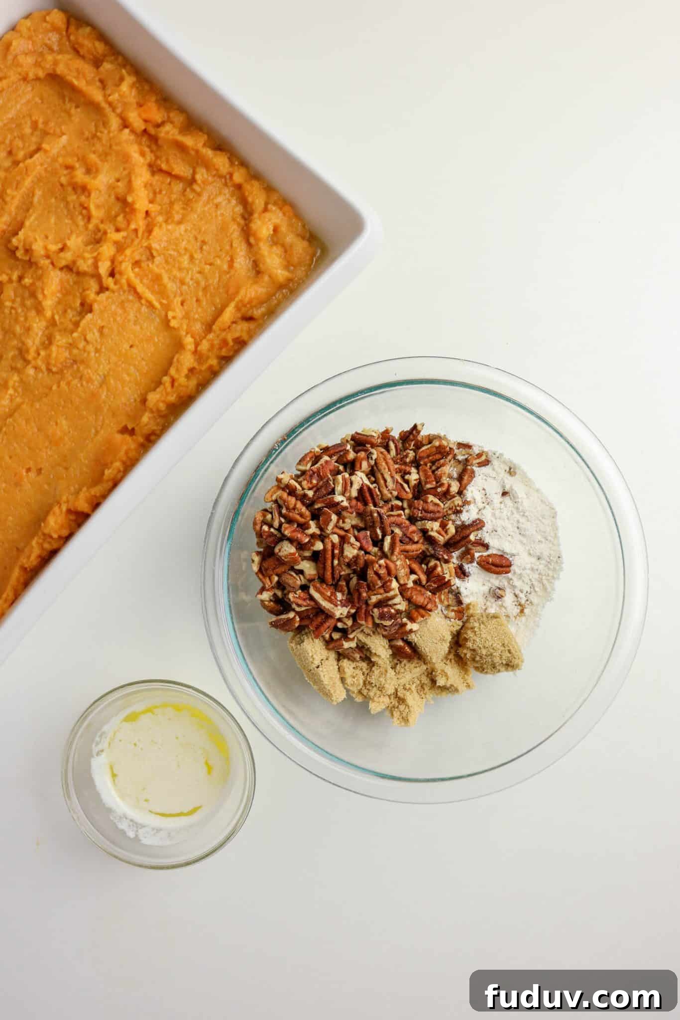 Sweet Potato Casserole Made with Canned Yams — Quick Holiday Side 4 Sweet potato casserole pecan topping ingredients: melted butter, brown sugar, pecans, and flour - Hostess At Heart