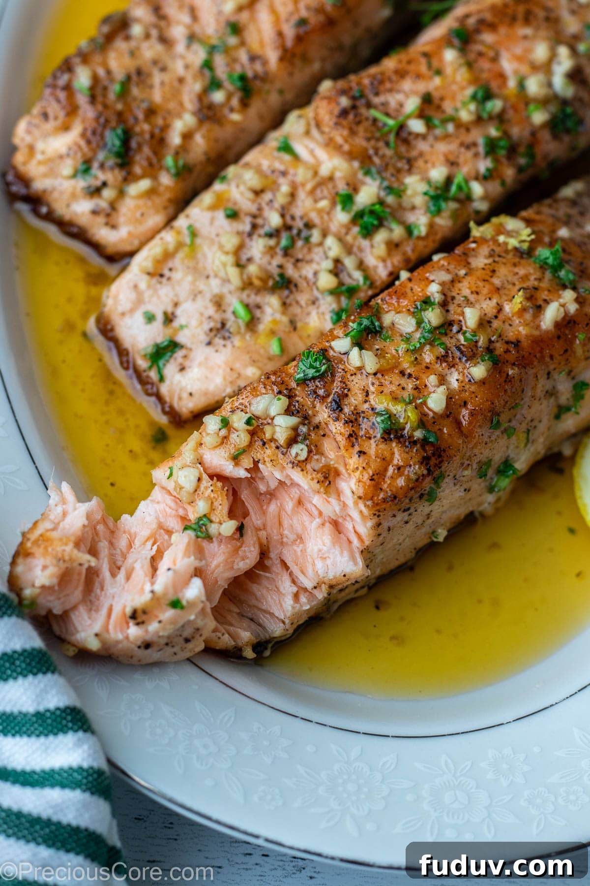Faked salmon on a platter to show juiciness.