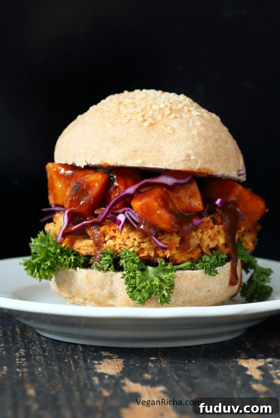 Peanut, Carrot & White Bean Burgers: Flavorful Veggie Patties 4 White Bean Burgers with Carrots, Peanuts and thai flavors. Topped with sweet and sour Butternut squash. Asian Peanut Bean Burgers. Vegan Gluten free Option | VeganRicha.com
