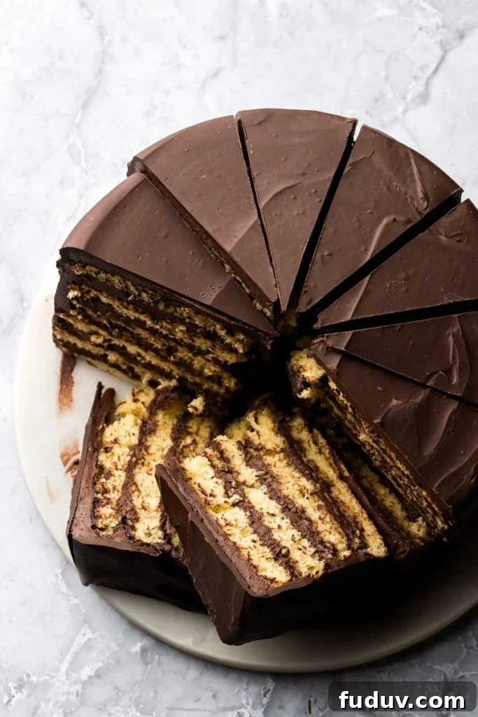 prinzregententorte sliced with two slices laying down