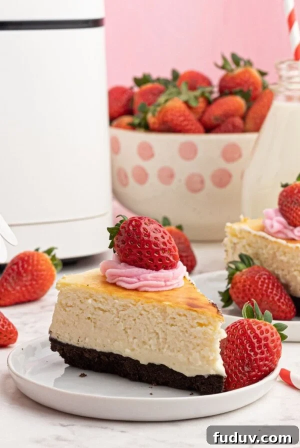 Creamy sliced piece of cheesecake, with a chocolate crust, served with strawberries on a white plate in front of an air fryer.