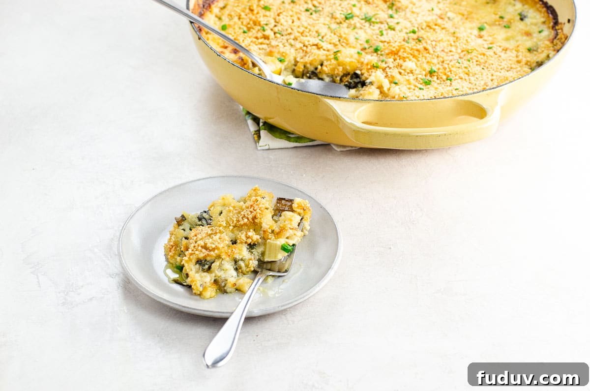 Swiss Chard Gratin Recipe from The Herbfarm Restaurant 6 swiss chard gratin on a small plate with a fork
