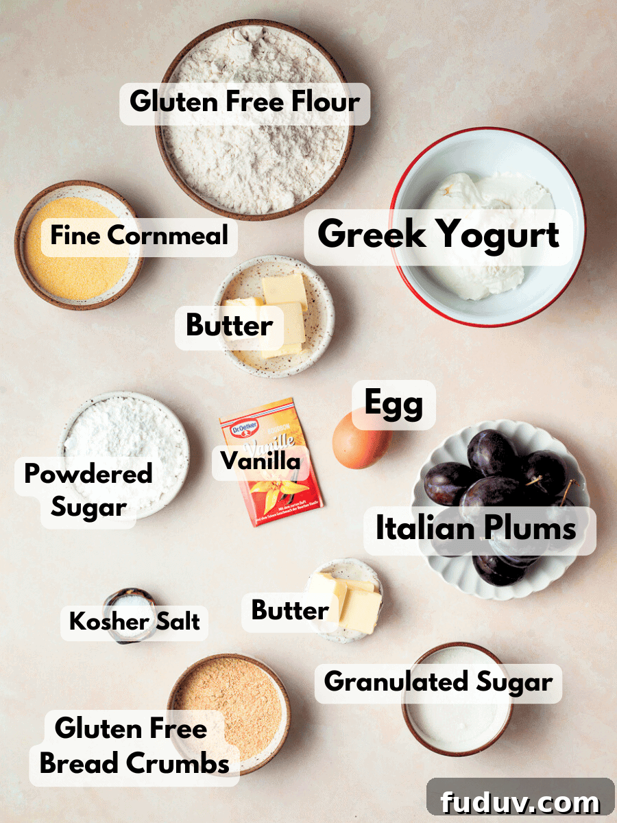 a collage of ingredients to make austrian plum dumplings (Gluten Free Zwetschgenknödel) 