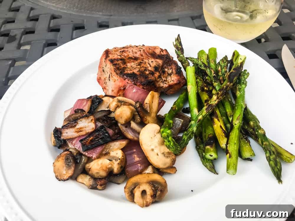 Clear and Concise: Writing Tips for Simple, Powerful Prose 2 Low carb healthy dinner plate with grilled pork chop, grilled asparagus, and grilled mushrooms and red onions