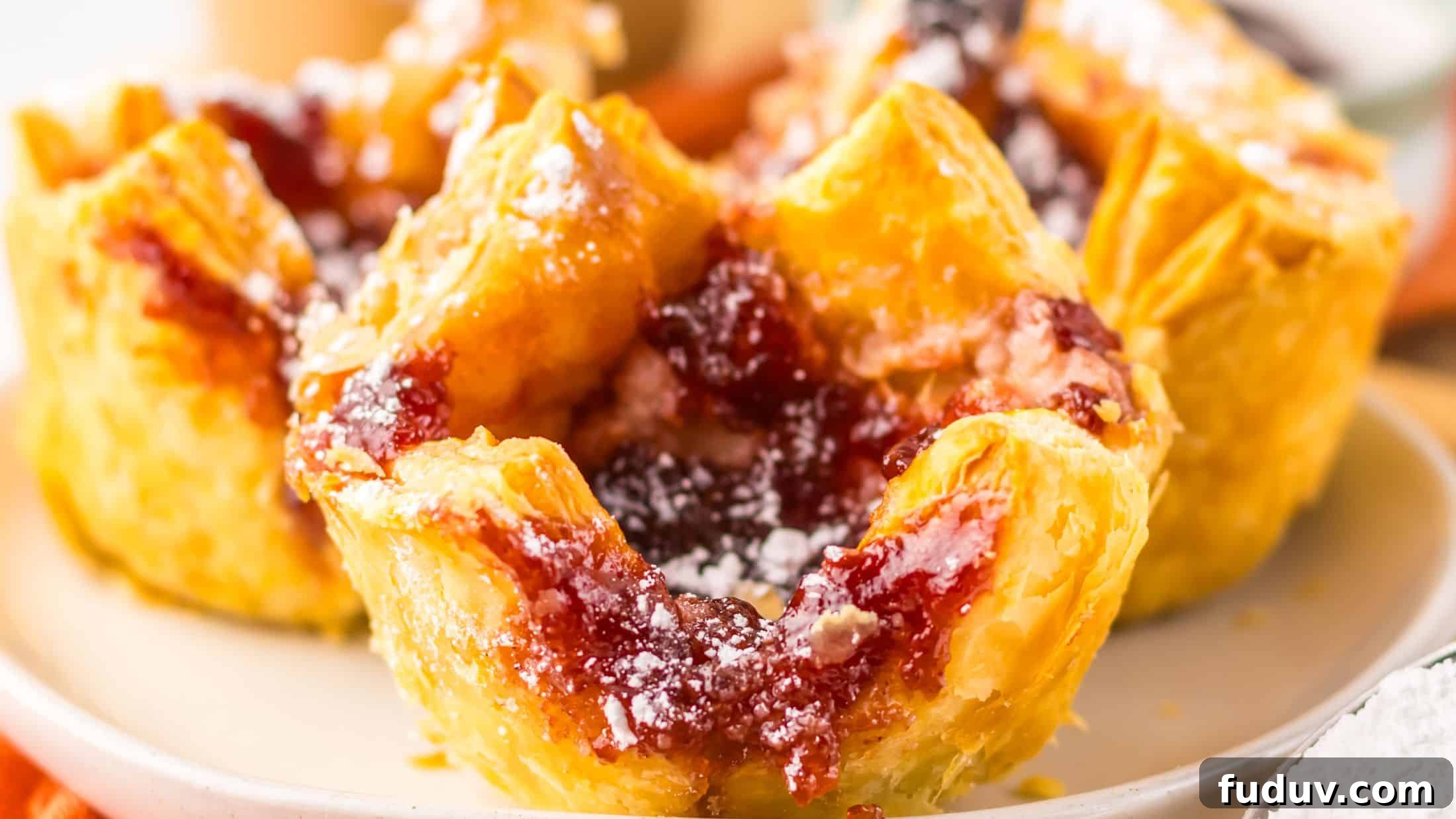 31 Cozy Cinnamon Recipes to Warm Your Home and Soul 14 Close-up of flaky pastries filled with red fruit jam, sprinkled with powdered sugar, on a white plate.