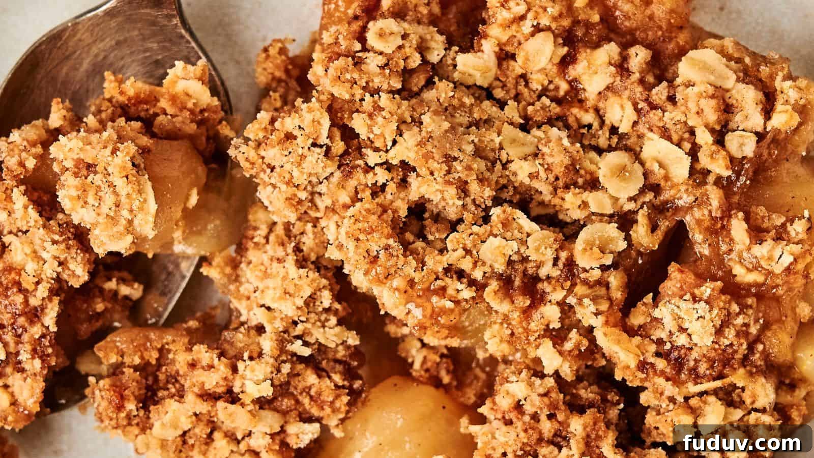 31 Cozy Cinnamon Recipes to Warm Your Home and Soul 20 Close-up of apple crumble with oats and brown sugar topping. A spoon is partially visible on the left.
