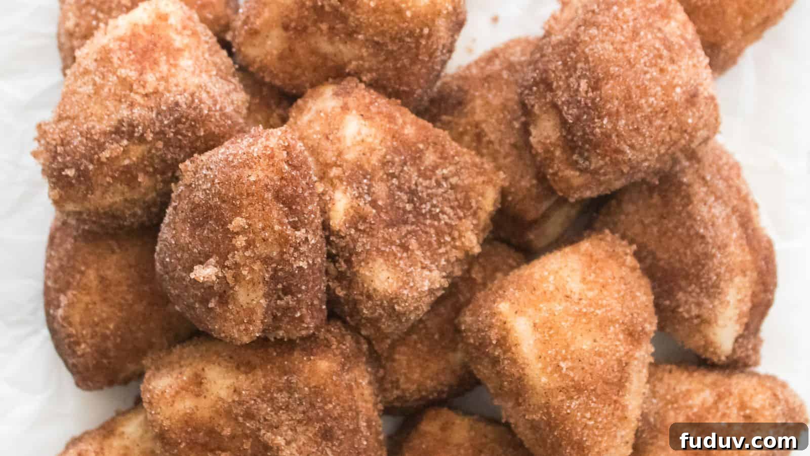 31 Cozy Cinnamon Recipes to Warm Your Home and Soul 3 Close-up of Cinnamon Sugar Biscuit Bites, dusted in a sweet layer and piled on crisp white paper.