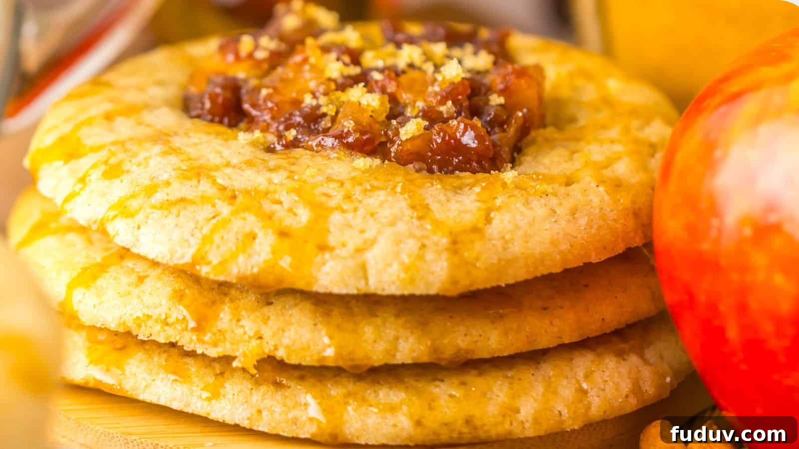 31 Cozy Cinnamon Recipes to Warm Your Home and Soul 22 Close-up of three stacked cookies topped with a chunky fruit filling and a sprinkle of crumbs, placed near an apple.