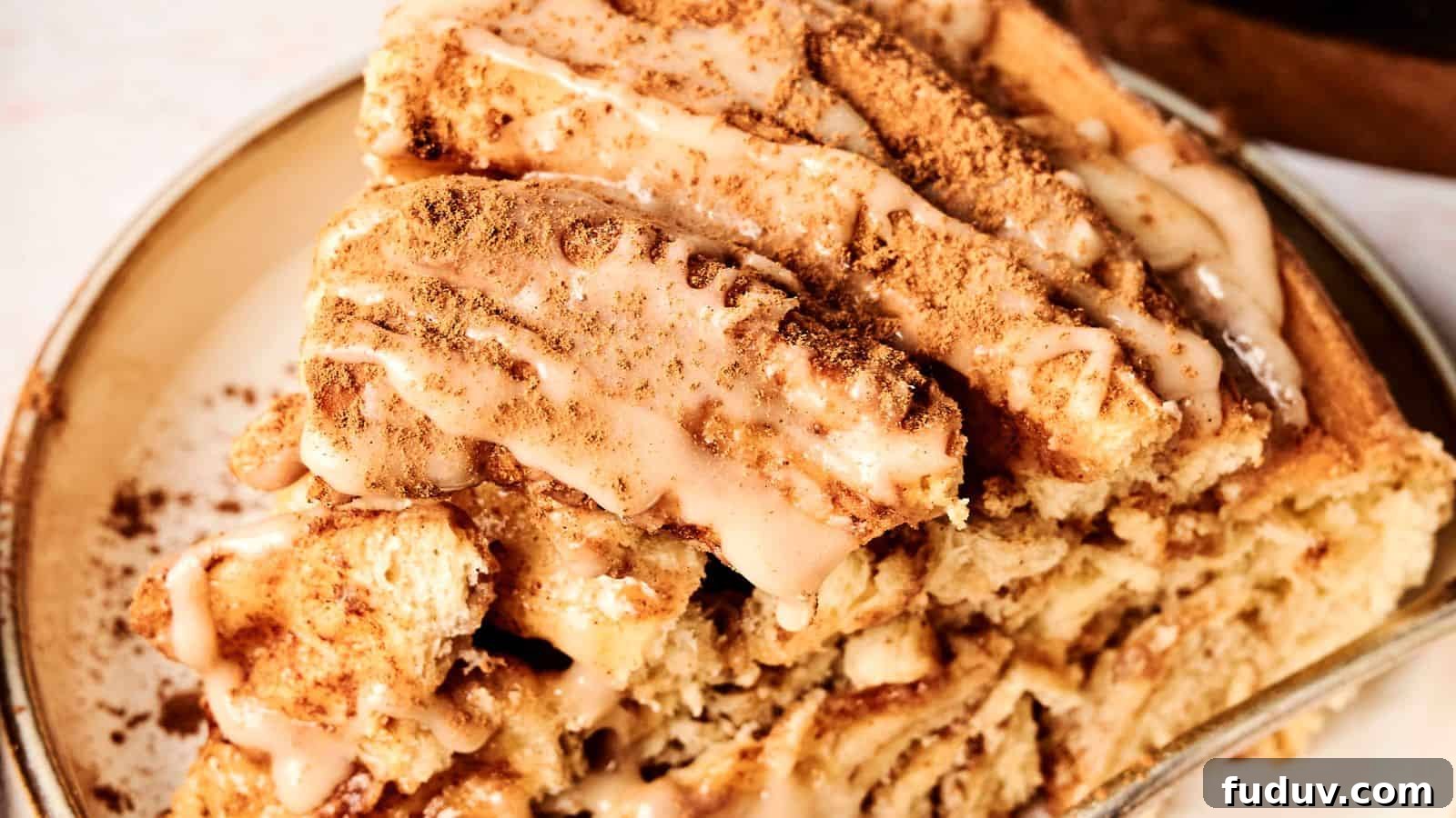 31 Cozy Cinnamon Recipes to Warm Your Home and Soul 5 Close-up of a cinnamon roll cake slice topped with icing and sprinkled with cinnamon on a plate.