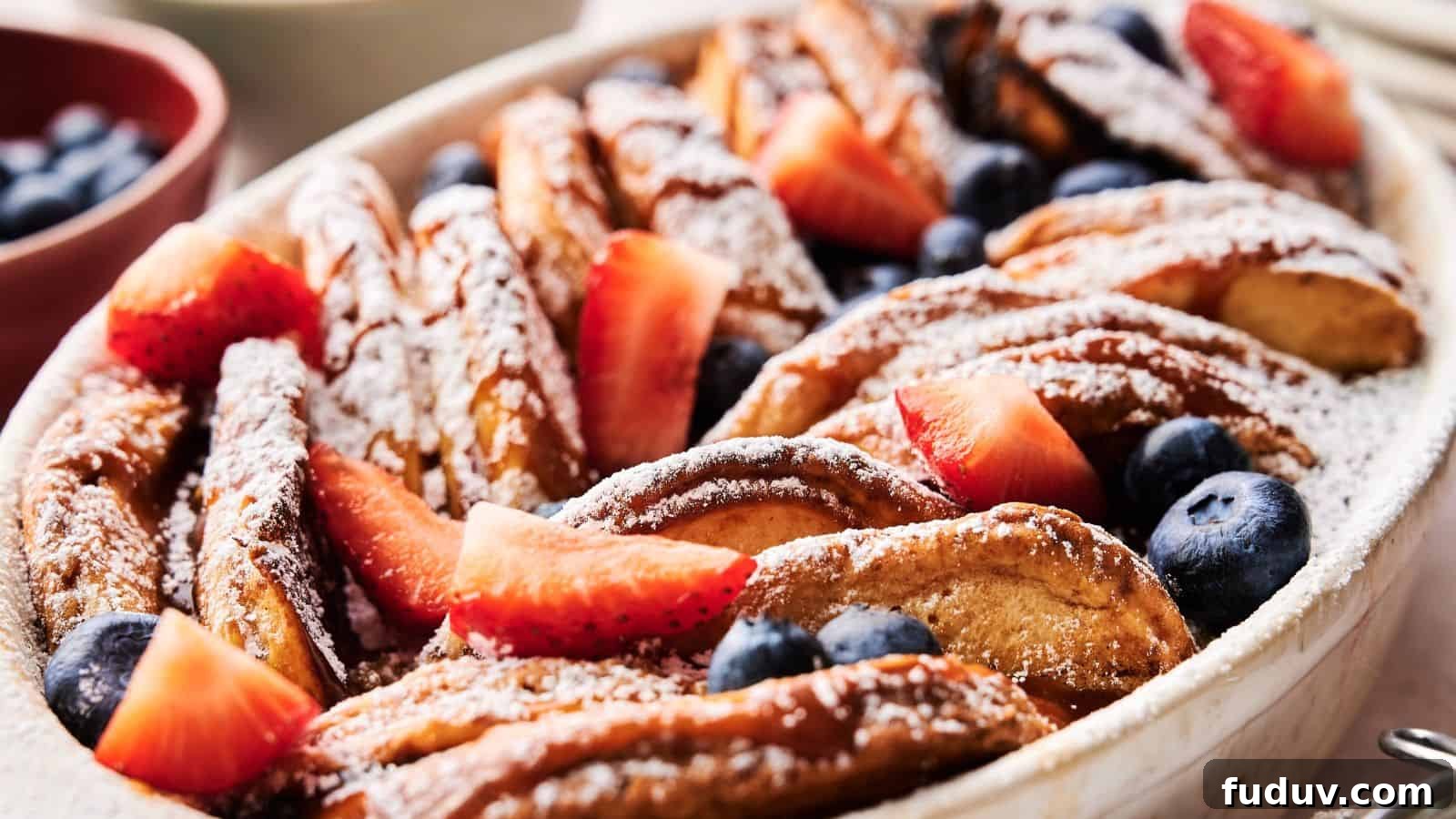 31 Cozy Cinnamon Recipes to Warm Your Home and Soul 7 A baked French toast casserole topped with powdered sugar, sliced strawberries, and blueberries in a white dish.