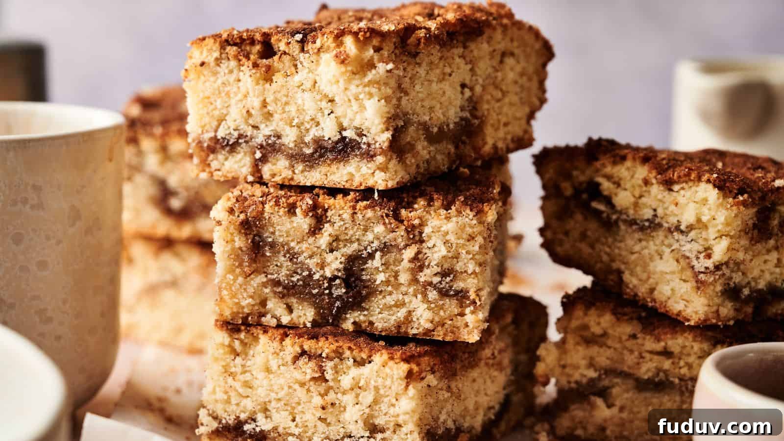 31 Cozy Cinnamon Recipes to Warm Your Home and Soul 9 Three pieces of crumbly coffee cake with a cinnamon swirl are stacked on a plate, with two white mugs partially visible around them.