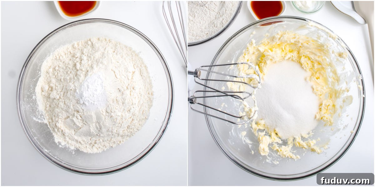 The dry ingredients whisked together, and the butter and sugar beat together.