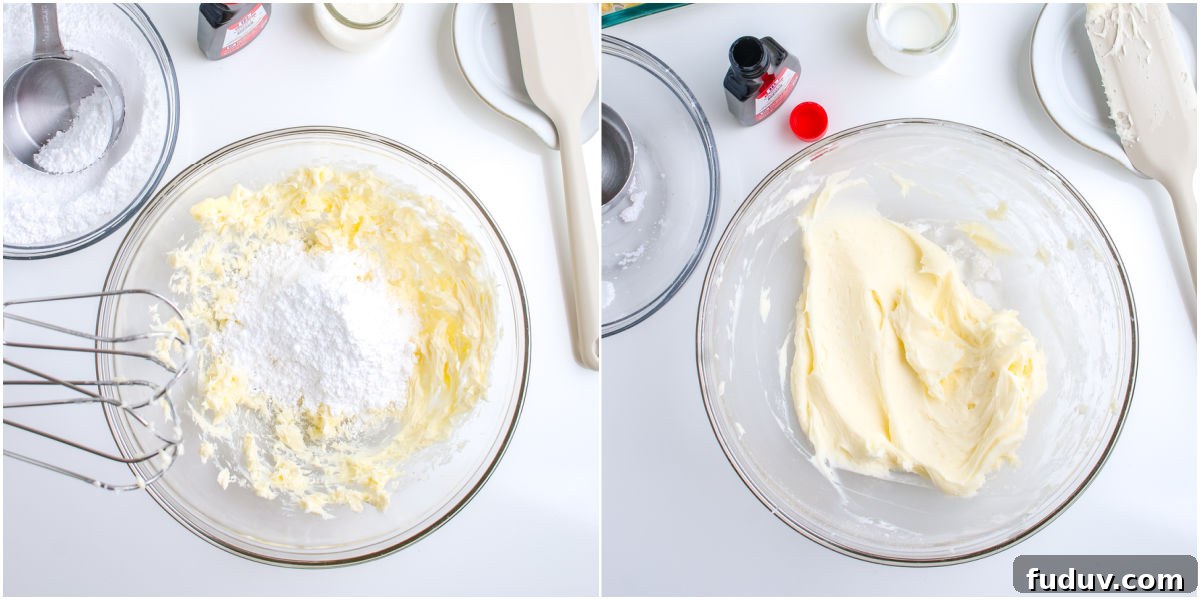 The frosting ingredients beat together in a bowl.