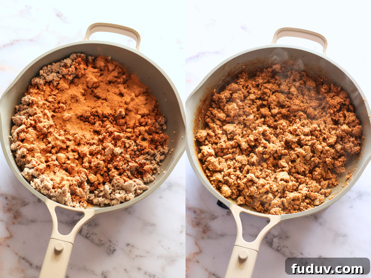 Baked Sweet Potato Bowls showing cooked ground turkey and seasoning.