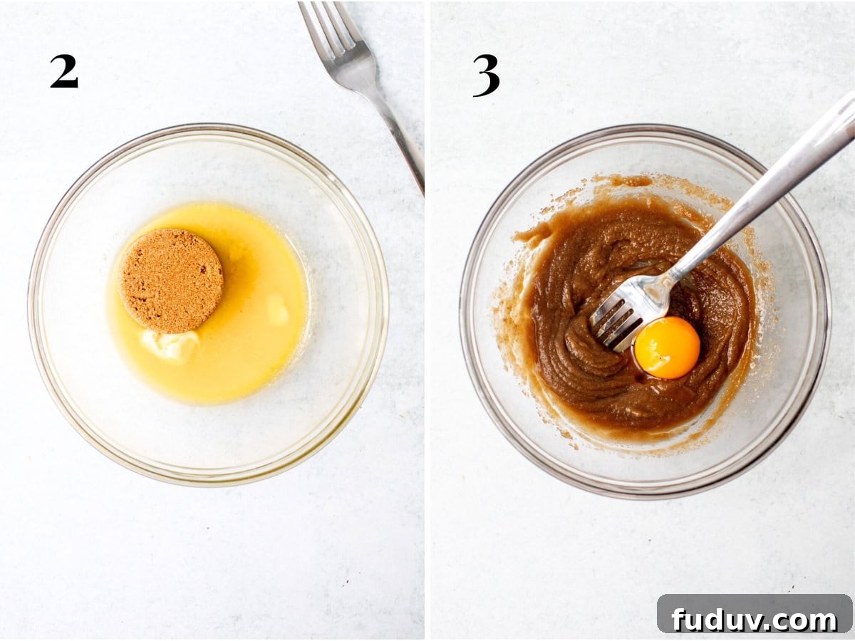 Bowl of melted butter and sugar, and bowl of melted butter and sugar whisked together with egg yolk and vanilla extract added