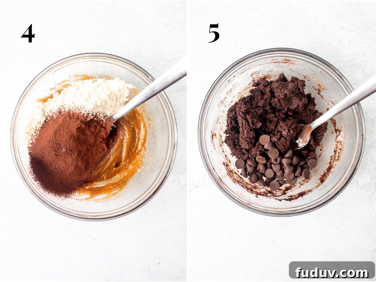 Bowl of single serving cookie dough with dry ingredients added to the bowl, and bowl of cookie dough for a single cookie with chocolate chips added