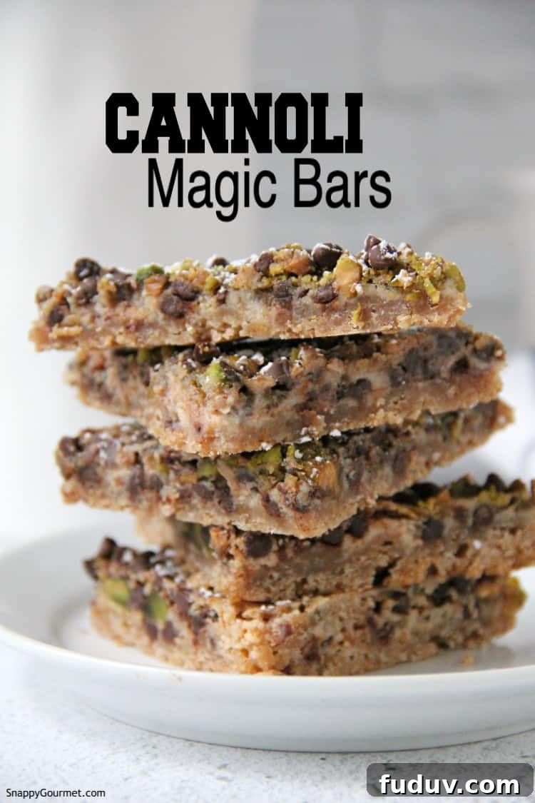 Cannoli Magic Bars recipe - easy gourmet cookie bars stacked cookie bars on plate