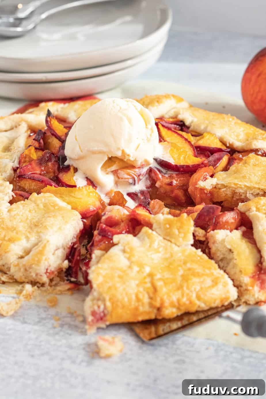 Peach Galette Recipe: Rustic Fresh Peach Tart for Summer 3 peach galette with scoop of vanilla ice cream