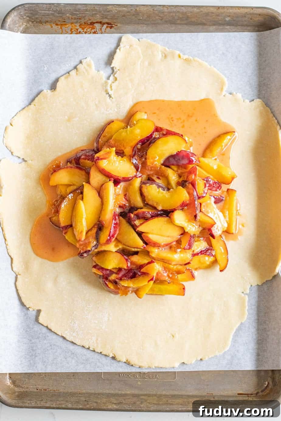 Peach Galette Recipe: Rustic Fresh Peach Tart for Summer 6 peach filling on circle of pie dough
