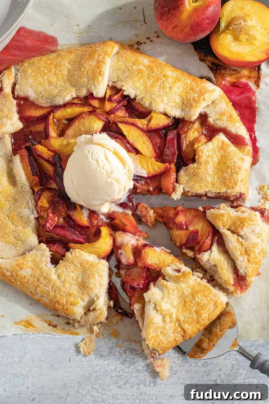 Peach Galette Recipe: Rustic Fresh Peach Tart for Summer 10 peach galette with scoop of vanilla ice cream