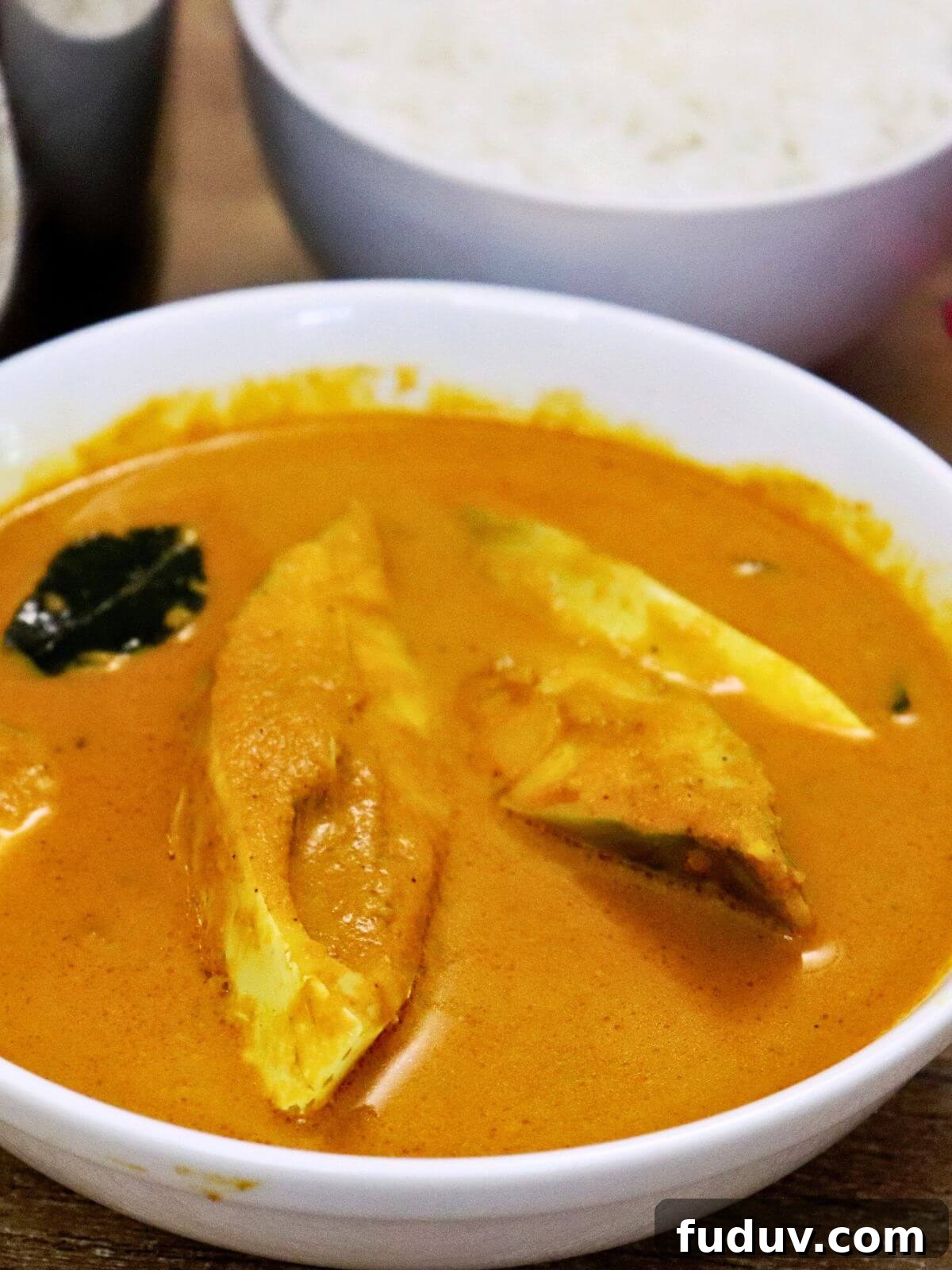 close-up of mangalorean fish curry served in a bowl.