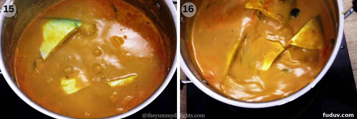 collage image of 2 steps showing cooking fish in the coconut based curry to make mangalore style fish curry.