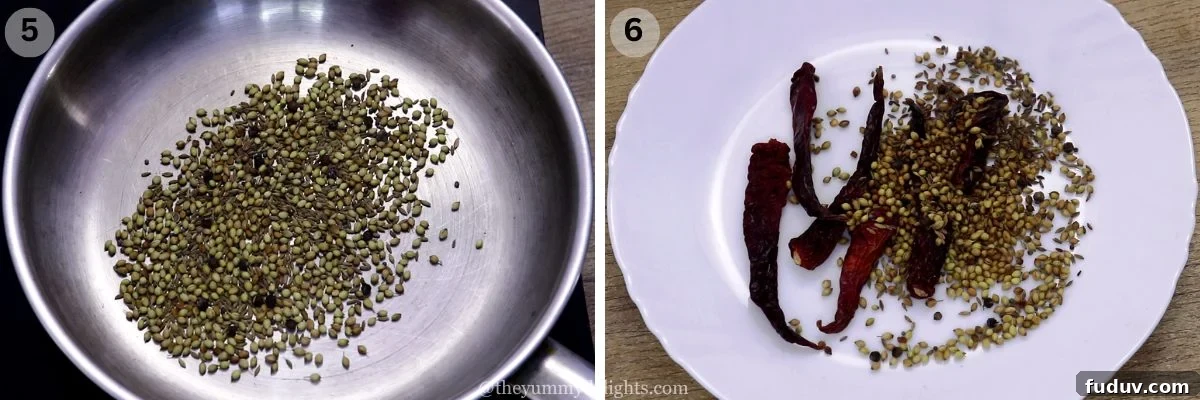 collage image of 2 steps showing roasting the spices to make fish curry masala.