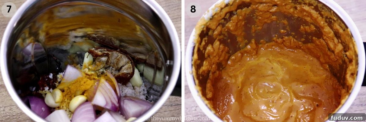 collage image of 2 steps showing grinding the coconut masala to make mangalore style fish curry masala.