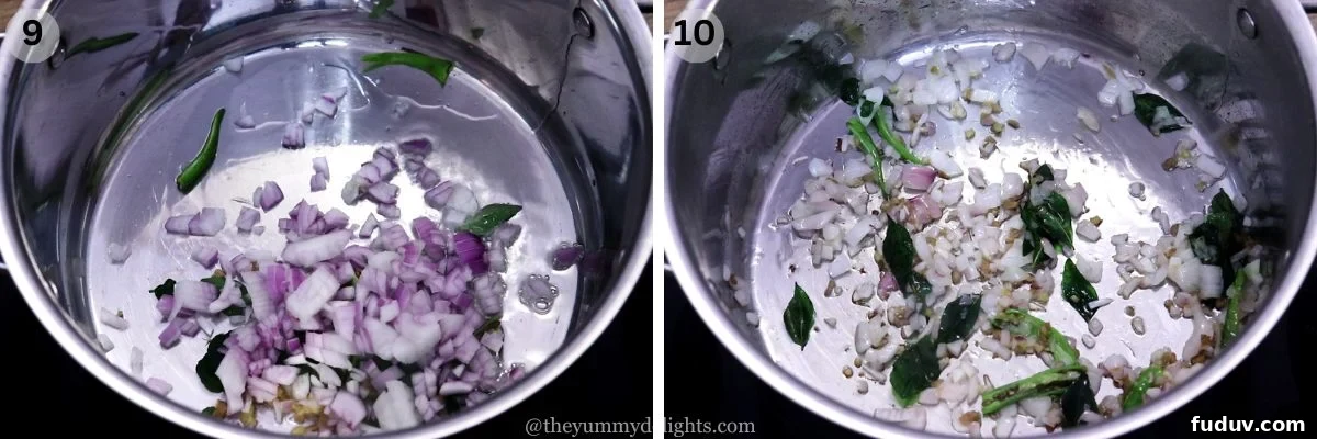 collage image of 2 steps showing how to make mangalorean fish curry. It shows sauteing onions, ginger, green chilies and curry leaves.