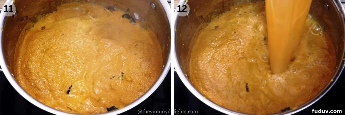 collage image of 2 steps showing addition of water to the ground coconut masala to adjust the consistency of mangalorean fish curry.