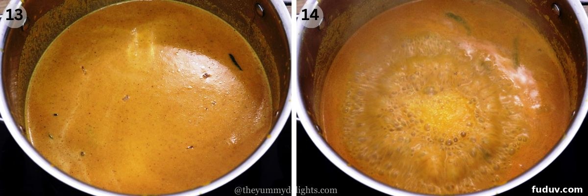 collage image of 2 steps showing cooking the coconut masala to make mangalorean fish curry.